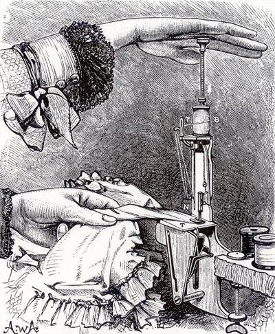 Pequeña máquina de coser de puntada recta, ocho pulgadas de largo, pesando 8 onzas, de Cassells Family Magazine, publicado en 1886 de English School