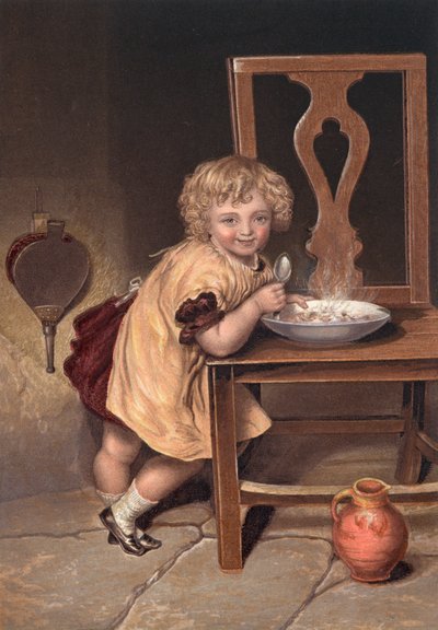 Niño sonriente comiendo en una silla (litografía en color) de English School