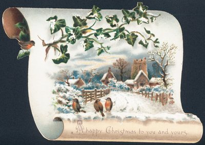 Escena de nieve con petirrojos y iglesia, tarjeta de Navidad de English School