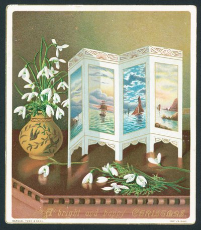 Campanillas de invierno y pantalla en la mesa, tarjeta de Navidad de English School