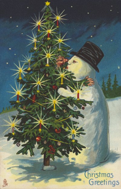 Muñeco de nieve y árbol de Navidad besándose (chromolitho) de English School
