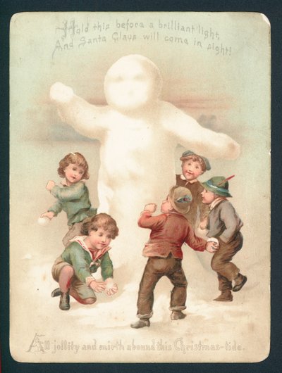 Muñeco de nieve, niños y bolas de nieve, tarjeta de Navidad de English School
