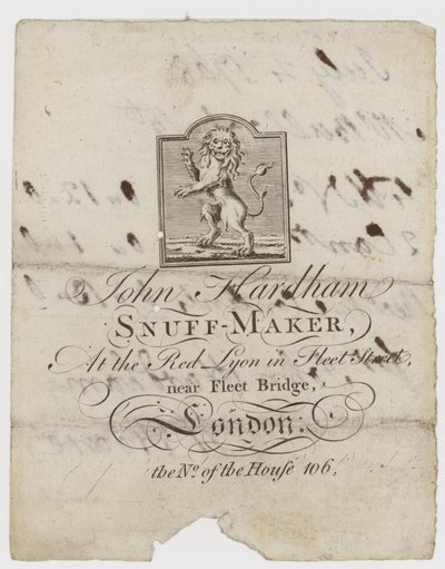 Tarjeta comercial de fabricante de rapé, John Hardham de English School
