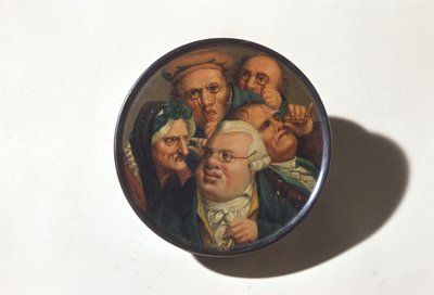 Caja de rapé, pintada a mano con una escena de diferentes tipos de gafas, principios del siglo XIX (papel maché) de English School