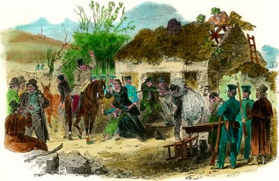 Condiciones sociales en Irlanda en 1848 expulsión de campesinos (ilustración de London News del 16 de diciembre de 1848) de English School
