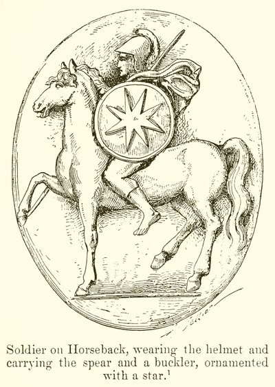 Soldado a caballo, con casco y portando lanza y escudo, ornamentado con una estrella de English School