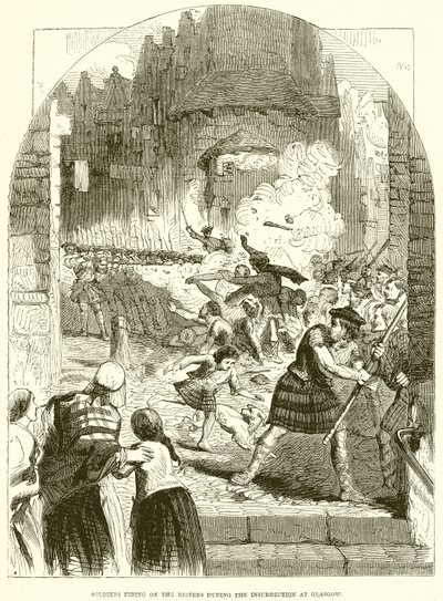 Soldados disparando a los alborotadores durante la insurrección en Glasgow de English School