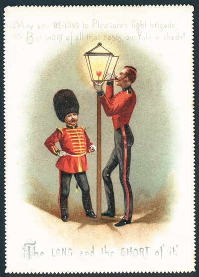 Soldados encendiendo una lámpara de gas, tarjeta de Navidad de English School