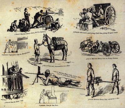 Algunas variedades del cañón Nordenfelt como se usa ahora en el Ejército y la Armada, de The Graphic, 10 de abril de 1886 de English School