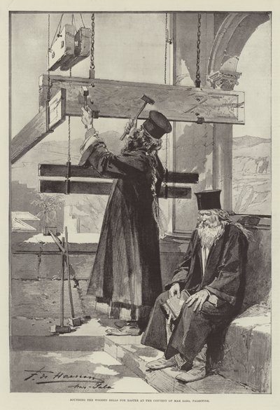 Sonando las campanas de madera para la Pascua en el Convento de Mar Saba, Palestina de English School