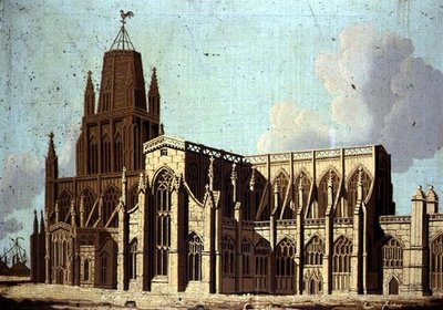Vista sureste de la iglesia de St. Mary Redcliffe en Bristol, c.1800 de English School