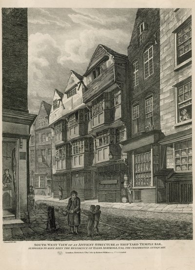 Vista suroeste de una estructura antigua en Ship Yard Temple Bar, supuesta residencia de Elias Ashmole, el célebre anticuario de English School