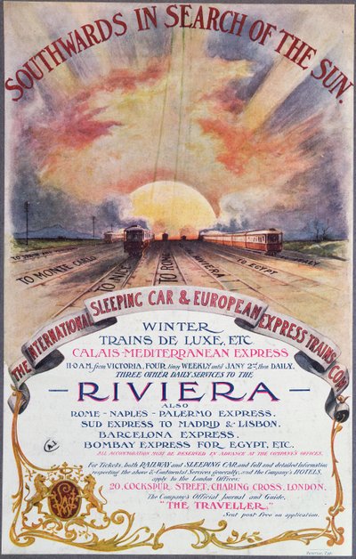 Hacia el sur al sol, cartel publicitario de los servicios de la Compañía Internacional de Trenes Cama a la Riviera Francesa, c.1910 de English School