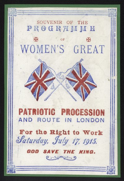 Programa de recuerdo de la procesión de mujeres por el derecho al trabajo, Londres, 17 de julio de 1915 de English School