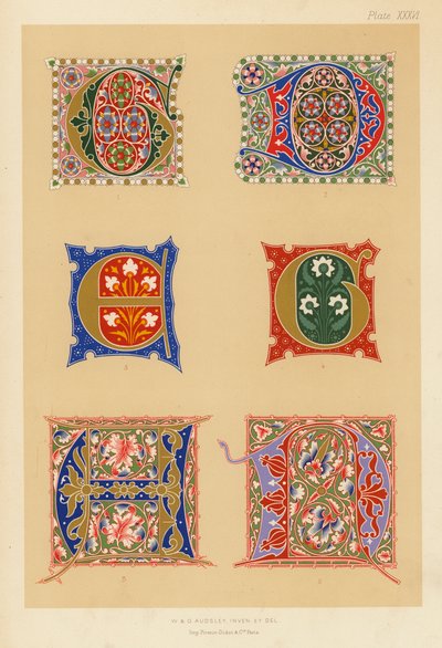 Ejemplares de iniciales iluminadas de los siglos XIV y XV (litografía en color) de English School