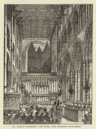 Catedral de St Albans, la nave, con pantalla de crucero restaurada de English School