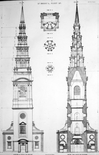 St. Brides, Fleet Street, Elevación del Extremo Oeste, siglo XIX de English School