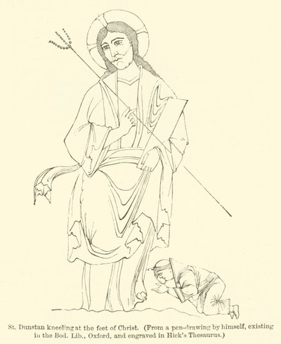 San Dunstan arrodillado a los pies de Cristo, de un dibujo a pluma por él mismo, existente en la Biblioteca Bodleiana, Oxford, y grabado en el Thesaurus de Hick de English School