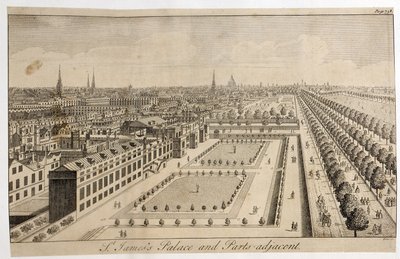 Palacio de St. James y Partes Adyacentes, grabado por William Henry Toms de English School