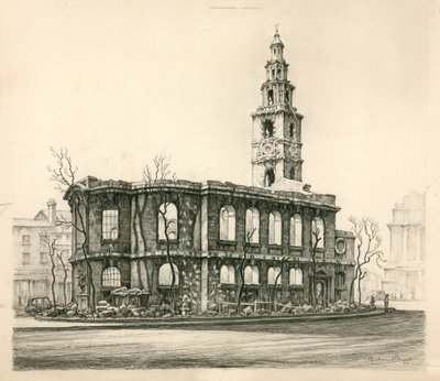 St Mary-Le-Strand, Londres, boceto a lápiz fechado en 1942 de English School