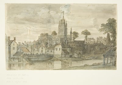 Iglesia de St Mary Redcliffe desde Redcliffe Back (con dibujo a pluma y tinta de un león en el reverso) de English School
