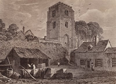 Iglesia de St Marys mostrando el antiguo muro 1824 (litografía) de English School