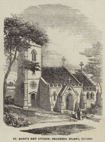 La Nueva Iglesia de Santa María, Isla Branksea, Dorset (grabado) de English School