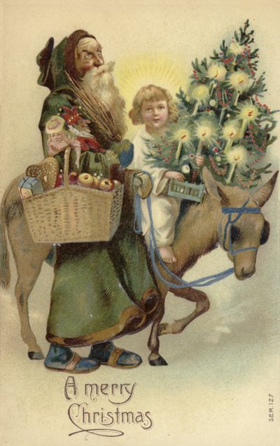 San Nicolás y Jesucristo, con árbol de Navidad y regalos de English School