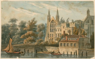 Capilla de San Esteban, Casa del Portavoz, etc., Westminster, Londres, desde el río Támesis de English School