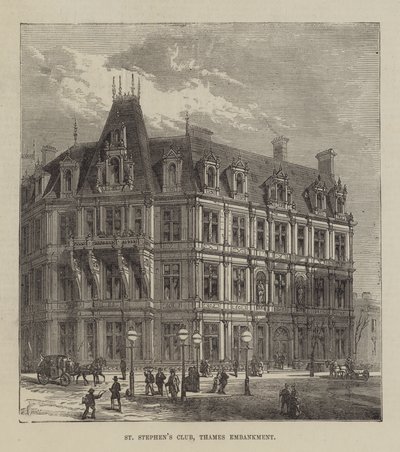 Club St Stephen, Thames Embankment (grabado) de English School