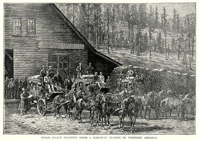 Salida de una diligencia desde una estación de ferrocarril en el oeste de América (grabado) de English School