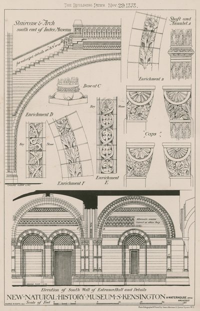 Escalera y arco y elevación de la pared sur del vestíbulo de entrada del nuevo Museo de Historia Natural, South Kensington de English School