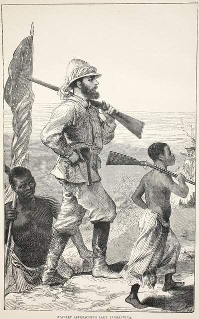 Stanley acercándose al Lago Tanganica, ilustración de The Pictorial Edition of the Life and Discoveries of David Livingstone por J. Ewing Richie, pub. por A. Fullarton & Co., 1876 de English School