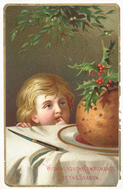 Mirando el pudín de ciruela, tarjeta de Navidad de English School