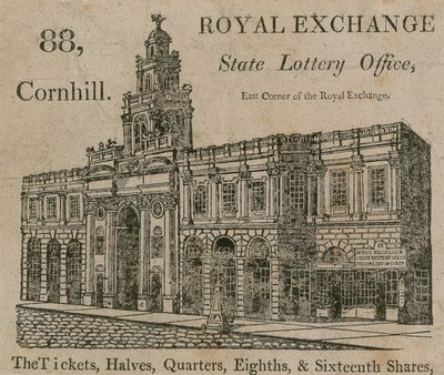 Oficina de la Lotería Estatal, esquina este del Royal Exchange, 88 Cornhill, Londres de English School