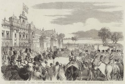 Apertura Estatal de la Gran Exposición, Su Majestad saliendo del Palacio de Buckingham (grabado) de English School