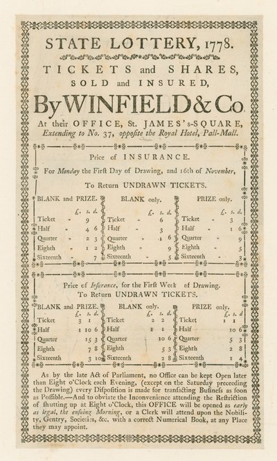 Lotería estatal, 1778 de English School