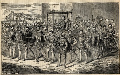 Progreso estatal de la Reina Isabel - Reina Isabel I (1533-1603) con sus cortesanos - Charles, Lord Howard de Effingham; George Clifford, Duque de Cumberland; Thomas Butler, Conde de Ormonde; George Talbot, 7º Conde de Shrewsbury; Edward Somerset, Conde de de English School