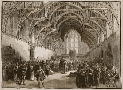 Juicio de estado en Westminster Hall en tiempos de Isabel, ilustración de la Historia Ilustrada de Inglaterra de Cassell de English School