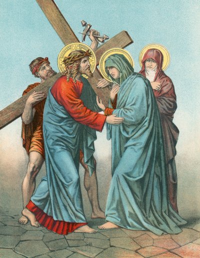 Estación IV Jesús cargando la cruz, se encuentra con su madre más afligida de English School