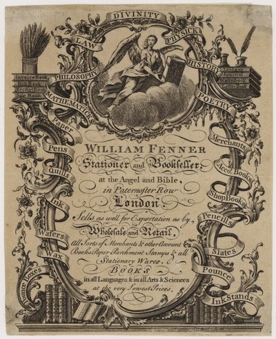 Tarjeta comercial de papelería y librería, William Fenner de English School