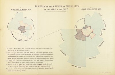 Gráfico estadístico inventado por Florence Nightingale para mostrar la predominancia de enfermedades como causa de mortalidad en el ejército británico durante la Guerra de Crimea, abril 1854 a marzo 1855 y abril 1855 a mayo 1856 de English School