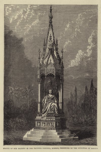 Estatua de Su Majestad en los Jardines Victoria, Bombay, presentada por el Guicowar de Baroda (grabado) de English School