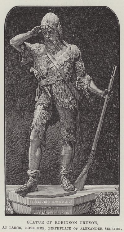 Estatua de Robinson Crusoe, en Largo, Fifeshire, lugar de nacimiento de Alexander Selkirk (grabado) de English School