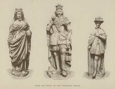 Estatuas de la Reina Isabel I, el Rey Carlos I y el Rey Eduardo VI del frente de la Capilla Guildhall, Ciudad de Londres de English School
