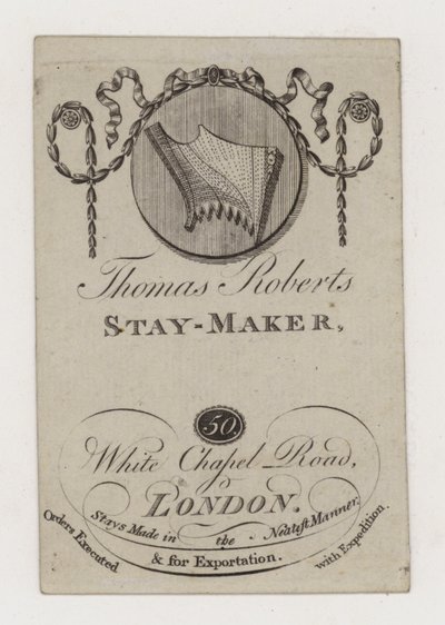 Tarjeta comercial de fabricante de corsés, Thomas Roberts de English School