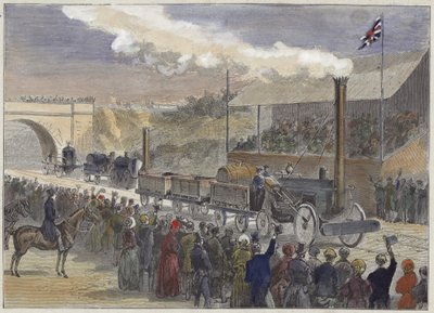 El cohete de Stephenson llegando primero en la competencia de locomotoras en Rainhill en 1829 de English School