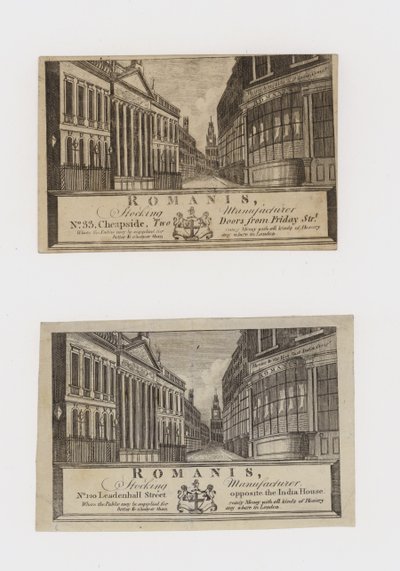 Tarjeta comercial de fabricantes de medias, Romanis, en Cheapside y luego en Leadenhall Street de English School