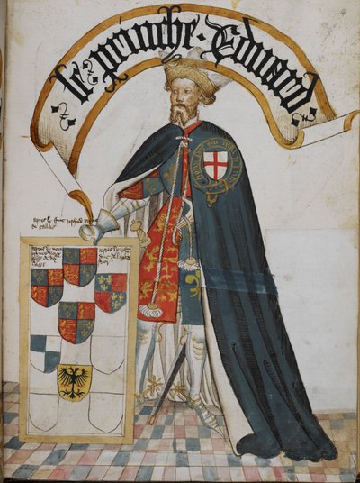 Stowe 594, f.14 Retrato de Eduardo, Príncipe de Gales [el Príncipe Negro], Caballero Fundador de la Orden de la Jarretera, del 