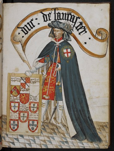 Stowe 594 f.8, Retrato de Enrique, duque de Lancaster, caballero fundador de la Orden de la Jarretera, ilustración de 